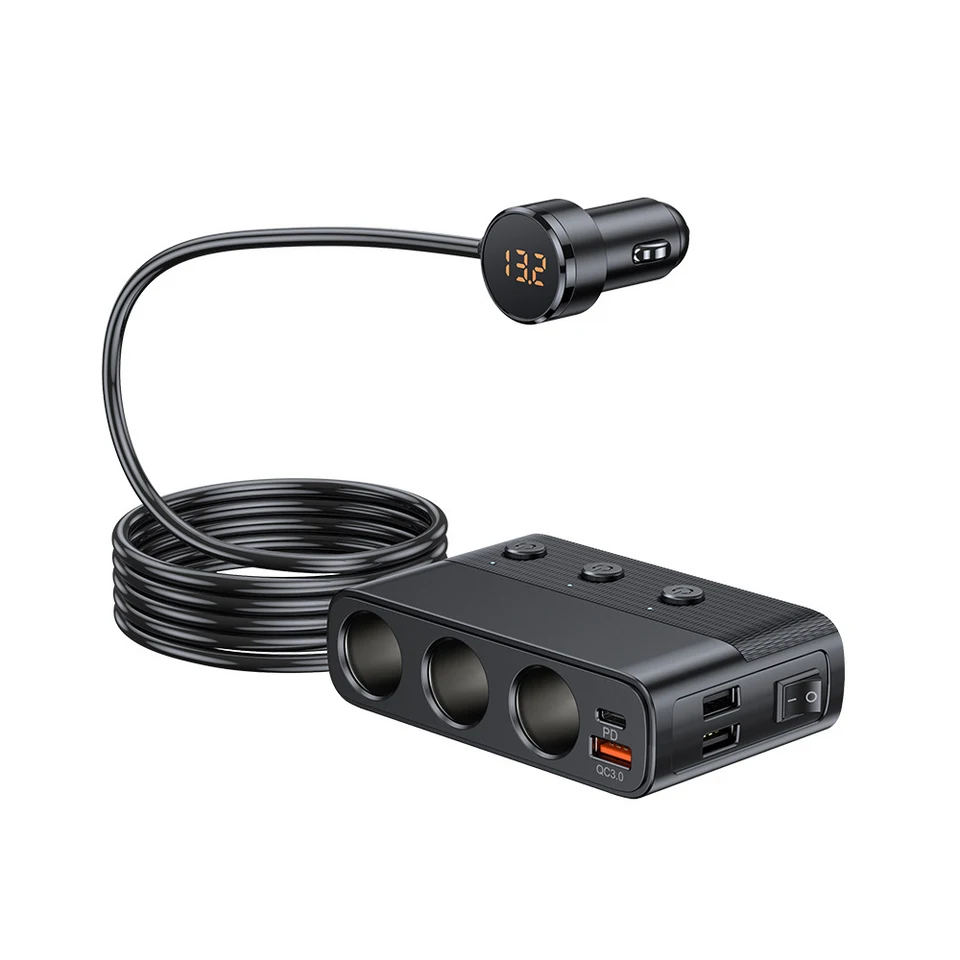Caricatore Auto USB-C PD 30W USB QC3.0, 9 in 1 148W Caricatore Auto Accendisigari 12V/24V con 3 Prese & 6 Porte con Display LED per iPhone Dash Cam