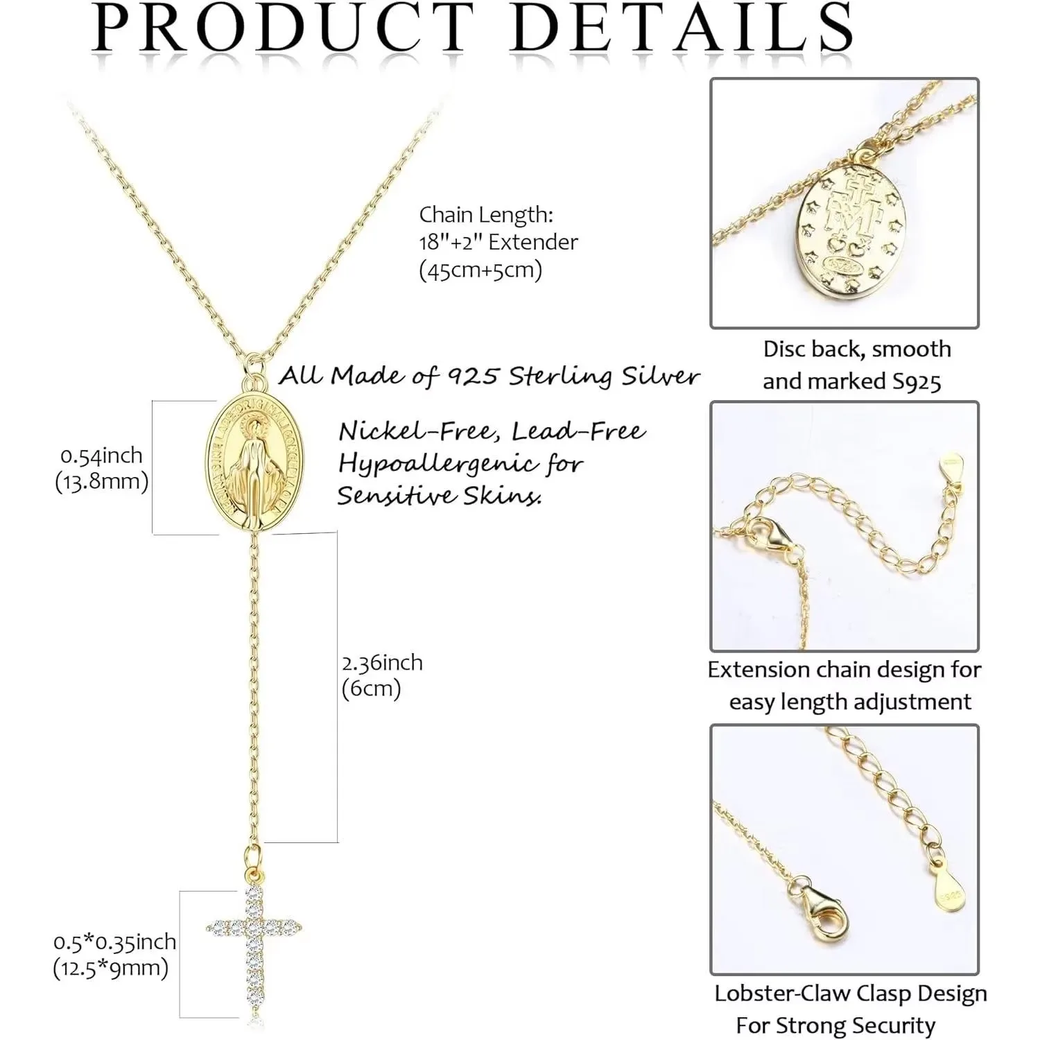 925 Sterling Silver Tiny Cross Necklace for Women Men 18K Gold Plated Religious Pendant Necklace Jewelry with Gift Box
