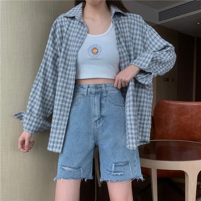 Women Summer Hole Denim Shorts Y2K High Waist Loose Blue Jeans Shorts 2022 Casual Washed Wide Leg Short Pants Female Ropa Mujer trendy plus size clothing