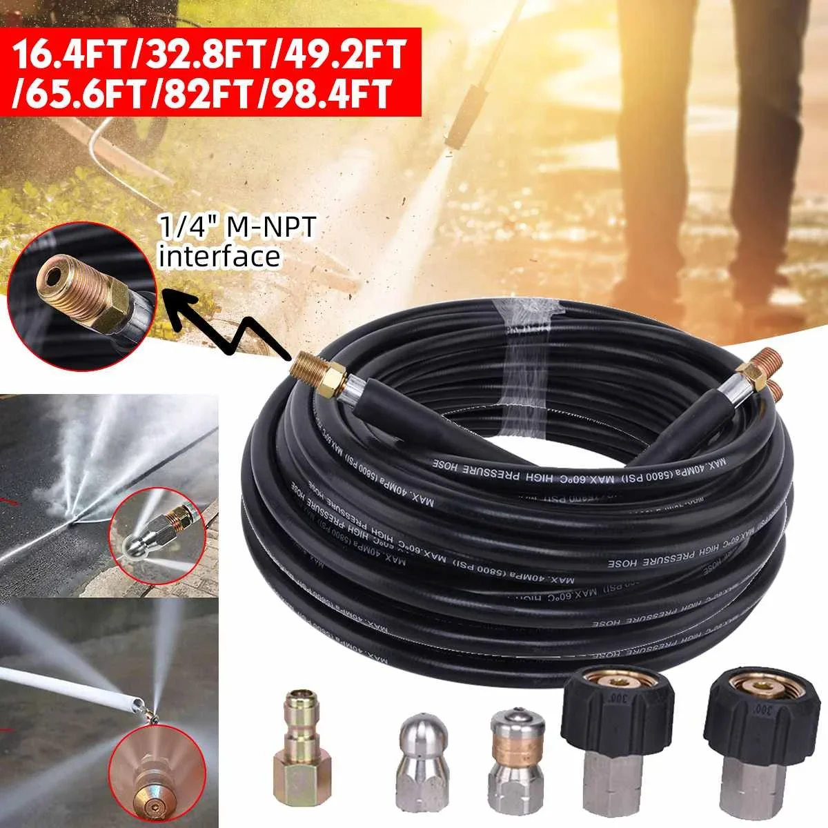 

Sewer Jetter Kit for karcher Pressure Washer Hose, 1/4 Inch NPT,Drain Cleaning Hose, Button Nose & Rotating Sewer Jetting Nozzle