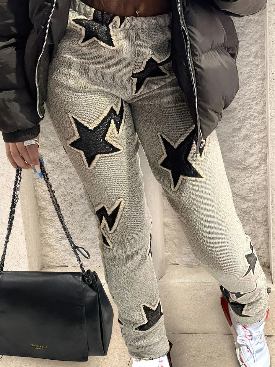 LW Casual Street Star Stacked Multicolor Pants Fall Mid Waist Star Decor Pants Lounge Elastic Waist Trousers Women's Streetwear