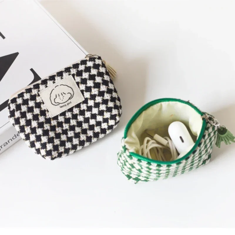 Mini Coin Money Earphone Lipstick Data Line Storage Bag Students ID Card Bank Card Bag Clutch Pouch Colorful Plaid Coin Purse