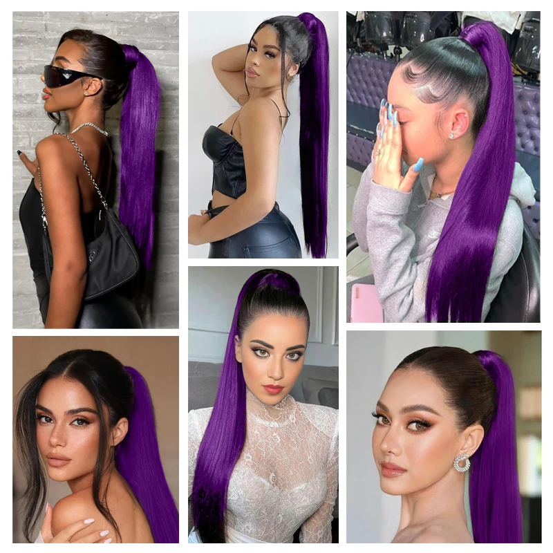 32inch Long Purple Hair Ponytail Extension Wig Straight Ponytail Hairpiece with Rubber Band for Women Daily Party Use Purple Wig