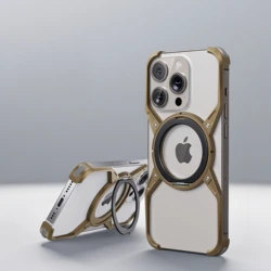 Metal Alloy Punk Frame Phone Case with 360° Rotating Bracket and Magsafe Ring Stand - iPhone 16 (Desert Gold)