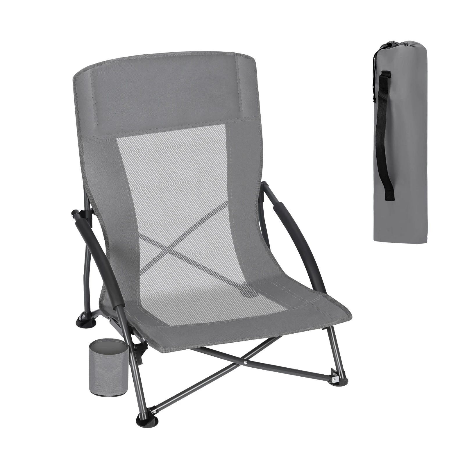 Chaise pliante pêche WOLTU avec accoudoirs et porte-gobelet - Siège pliant plage camping gris foncé
