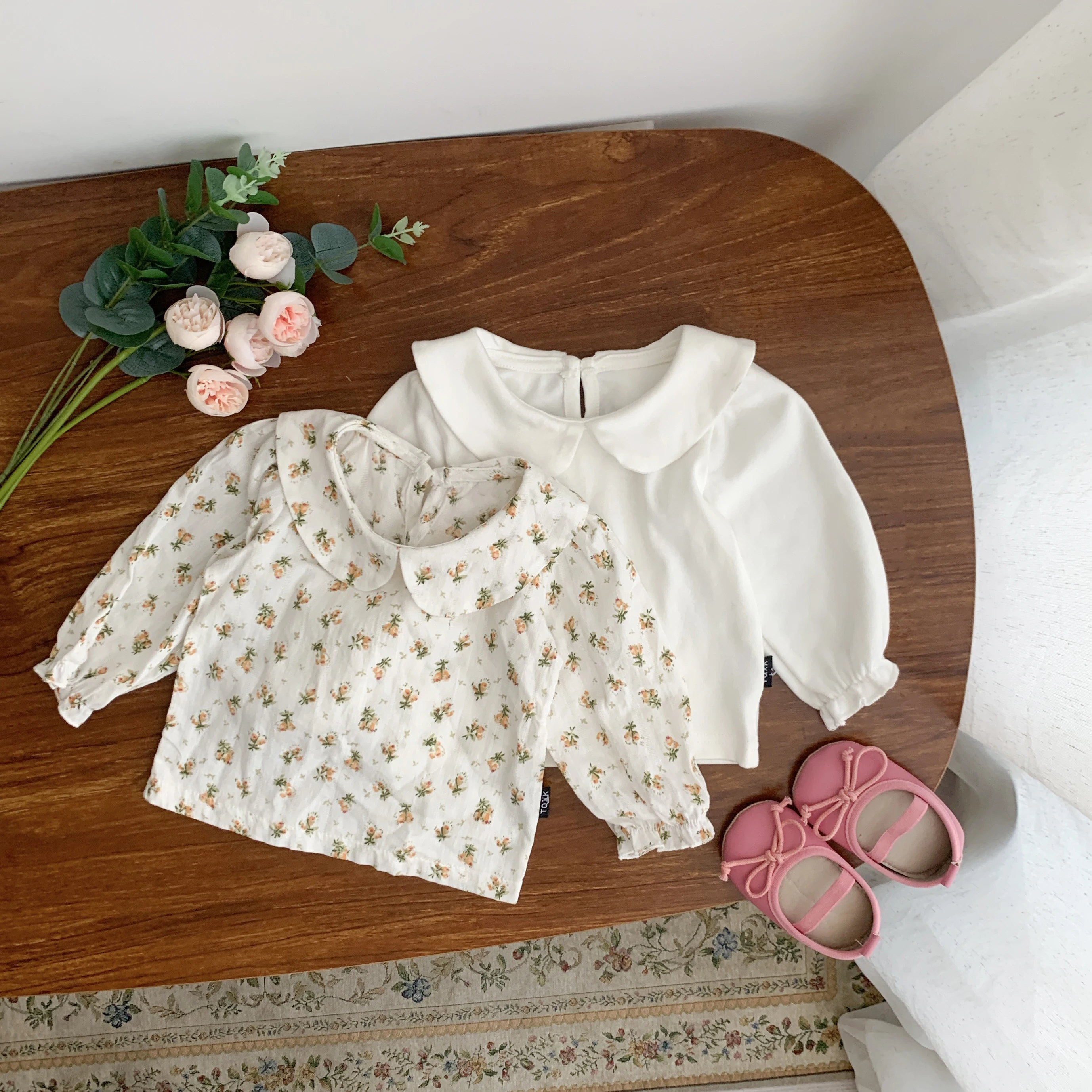 Spring And Autumn Newborn Baby Girls Baby Lapel Princess Casual Shirt For Children Long Sleeved Outing Base Shirt 1
