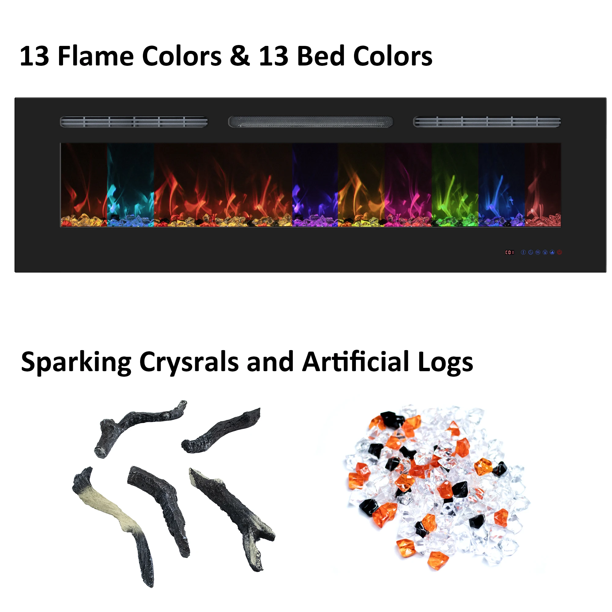 50 Inches Recessed Wall Mounted LED Electric Fireplace Manufacturer Decorative With 13 Flame Colors Timer