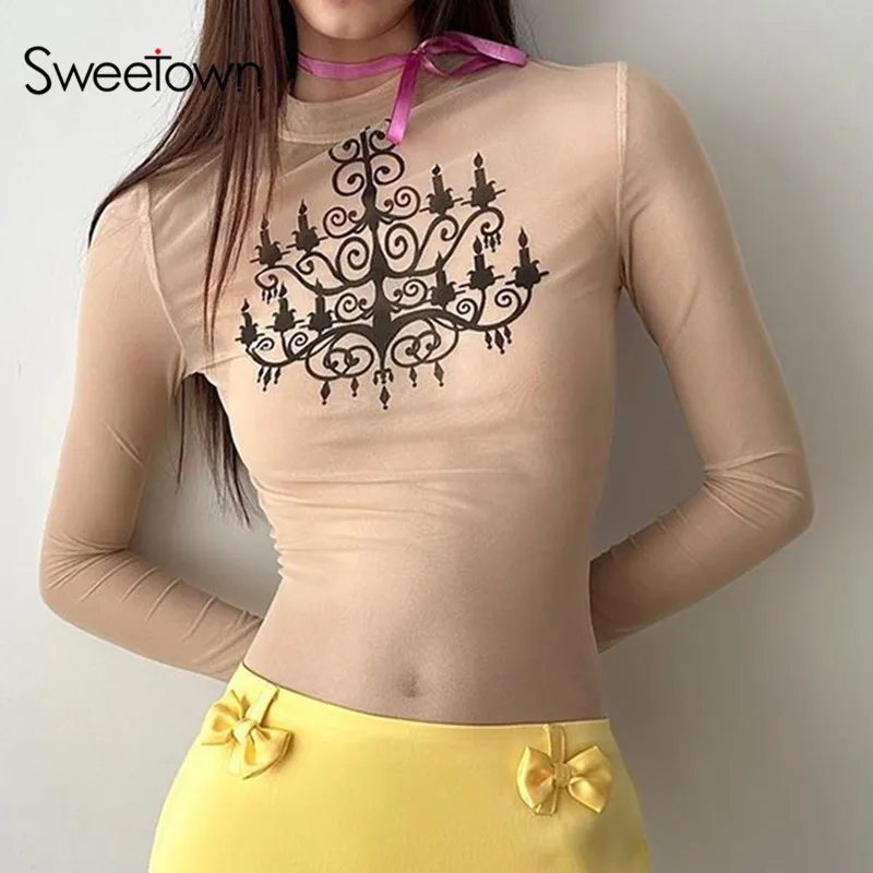 Sweetown Nude Half High Collar Slim Elegant Sexy Mesh Tops Women Long Sleeve Tees Vintage Print Indie Aesthetic Fashion T Shirts