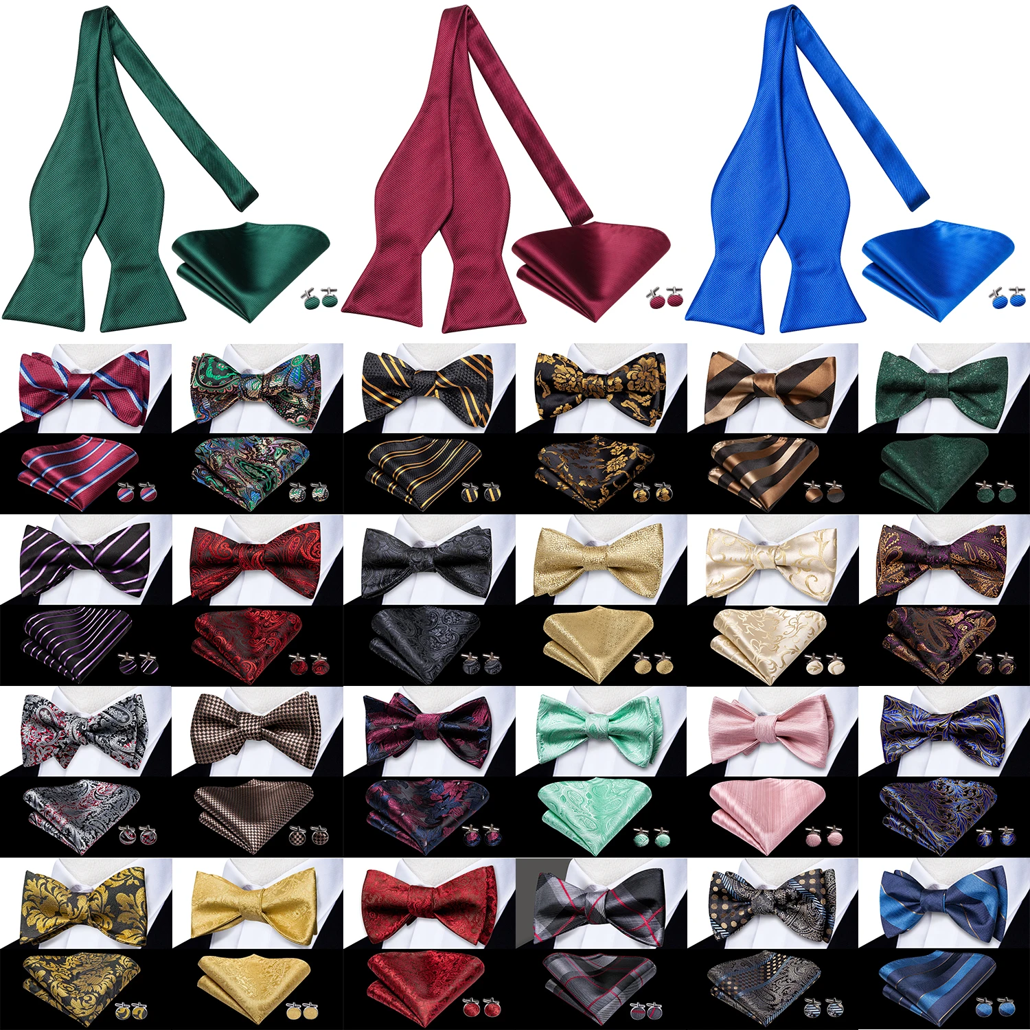 

Hi-Tie Silk Mens Self Bow Tie Hanky Cufflinks Set Blue Red Gold Male Jacquard Butterfly Knot Bowtie Wholesale Wedding Business