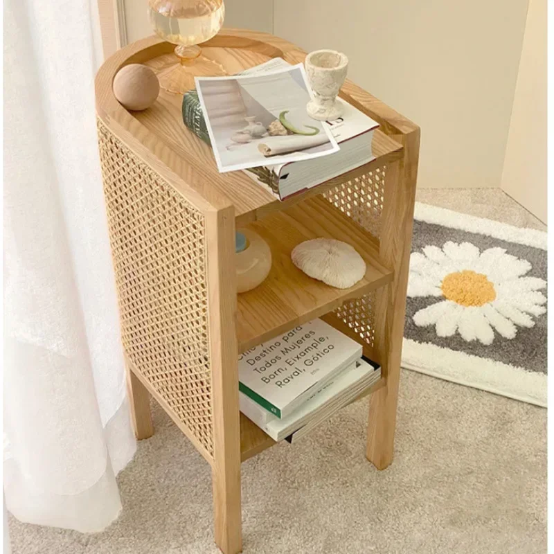 Japanese Bedside Table Rattan Woven Wood Bedroom Furniture Double-layer Structure Nightstand Table Versatile Scene Side