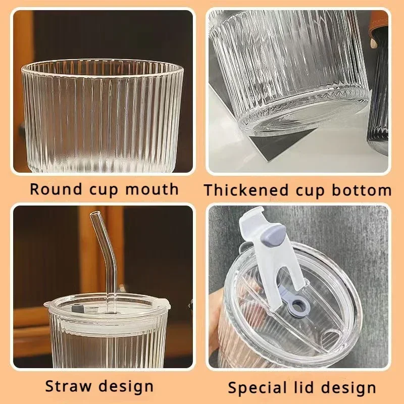 450ml Transparent Glasses Stripe Glass Cup with Lid and Straw Ice Coffee Mug Tea Cup Drinkware Water Bottles Kitchen Accessories