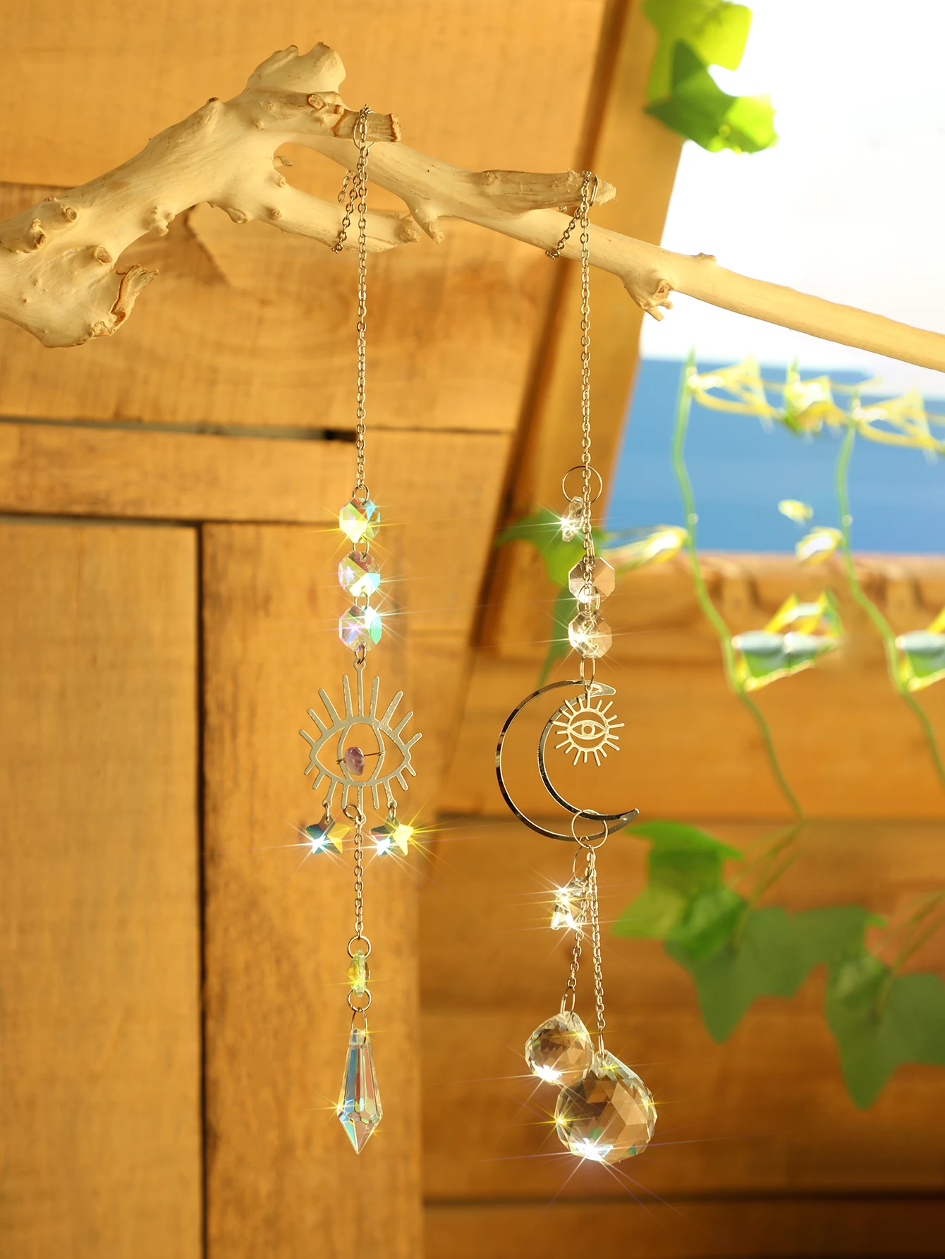 2pcs Evil Eye Moon Crystal Sun Catcher Hanging Ornaments Garden Suncatchers Window Wind Chimes Light Catcher Outdoor Decors Gift