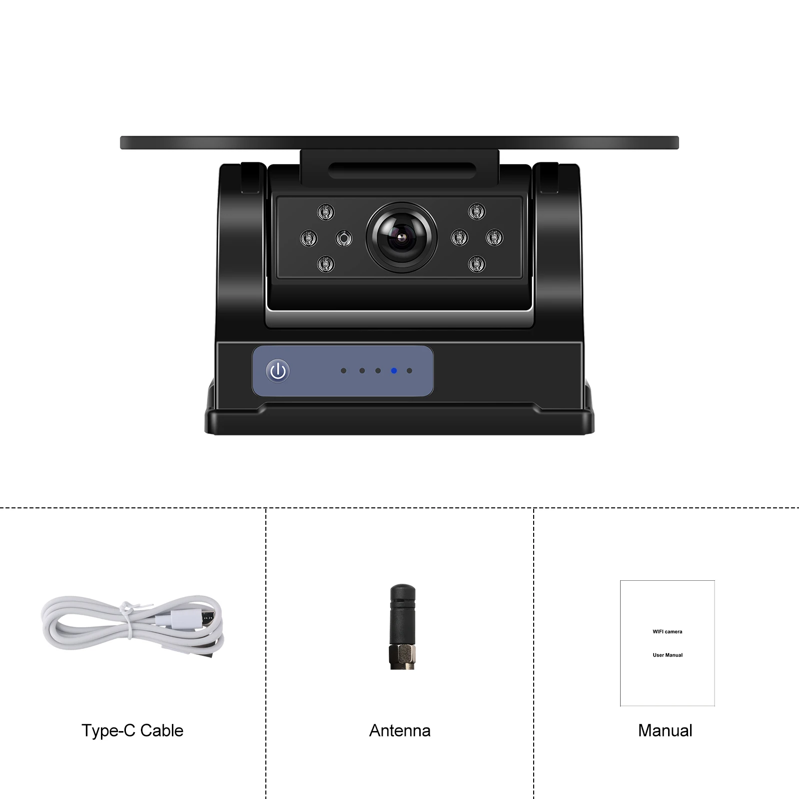 Camera displayed with its power cable on a white background