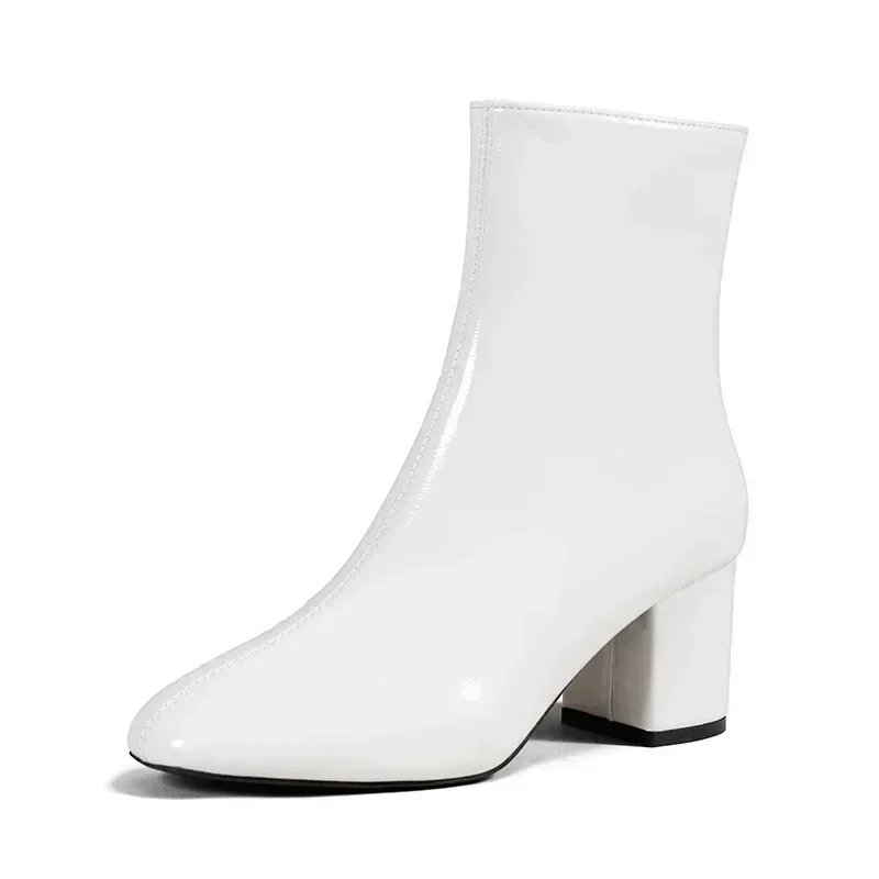 White Ankle Boots for Women Side Zipper Stretch Middle Heel Large