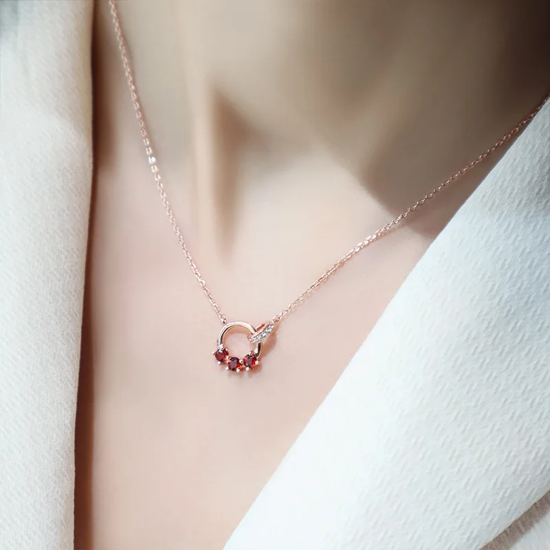VOQ Silver Color Garnet Zircon Double Ring Necklace Female Sex Simple Clavicle Chain Wedding Jewelry