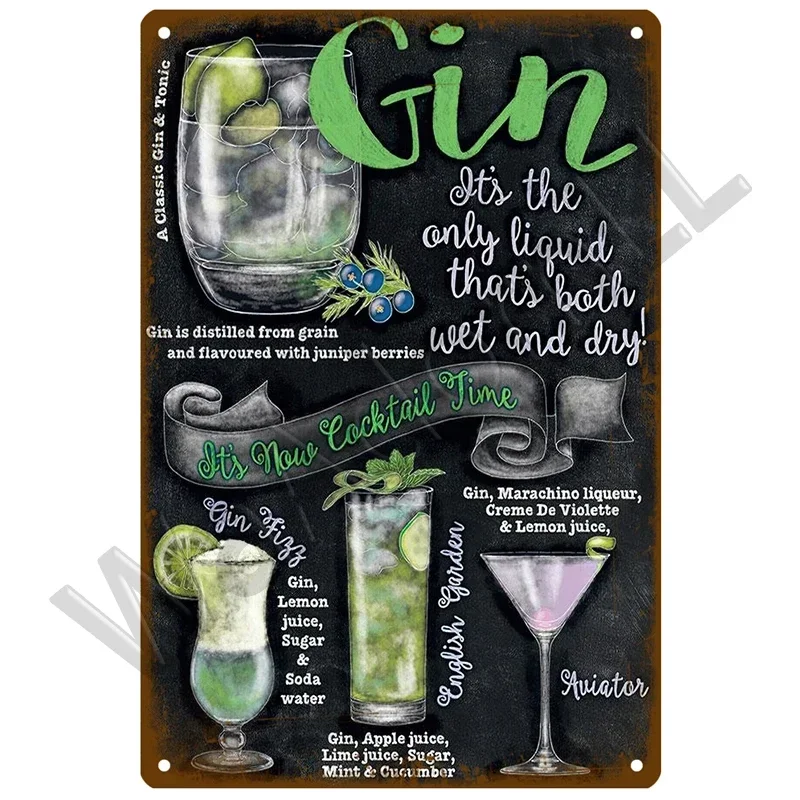 Metal Sign Vintage Tin Signs Retro Decorations Gin & Tonic Cocktail Plate Decorative Poster Plaque Bar Kitchen Home Wall Decor