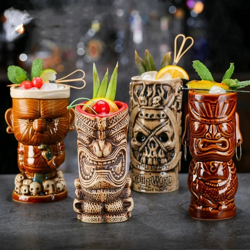 Set Of 12 Tiki Glasses - 14oz Lion Face Engraved Highball Cups For Tropical Drinks