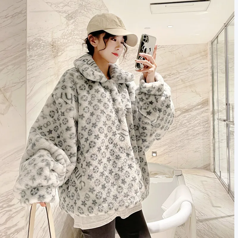 

New small square collared thick jacket loose faux fur long-sleeved coat bat sleeve plush coat