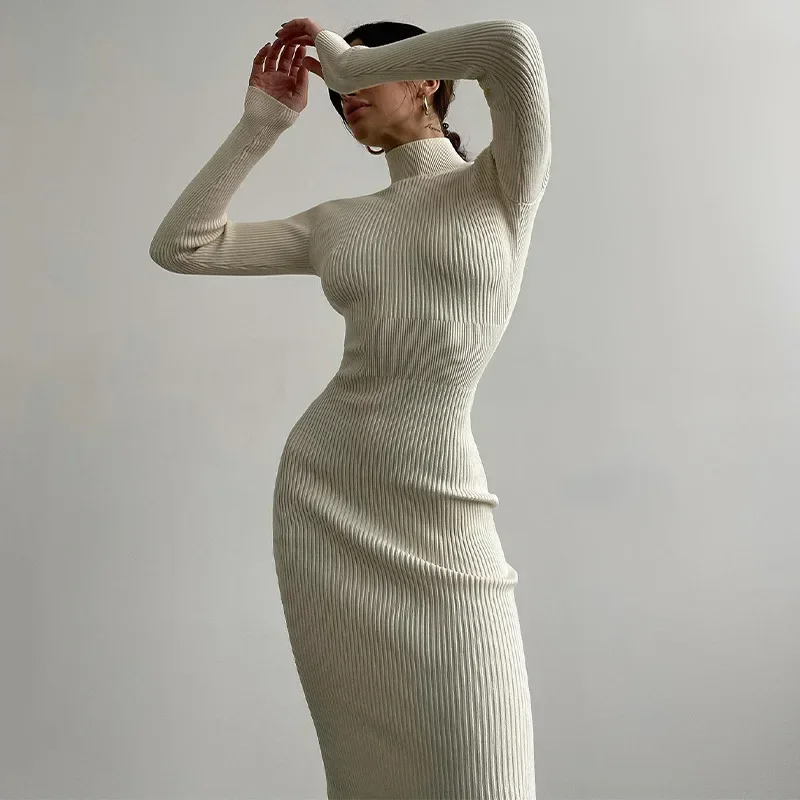 

Knitted White Dress Women Elegant Fashion Turtleneck Bodycon Midi Dresses Autumn Slim Party Evening Black Long Dresses for Women