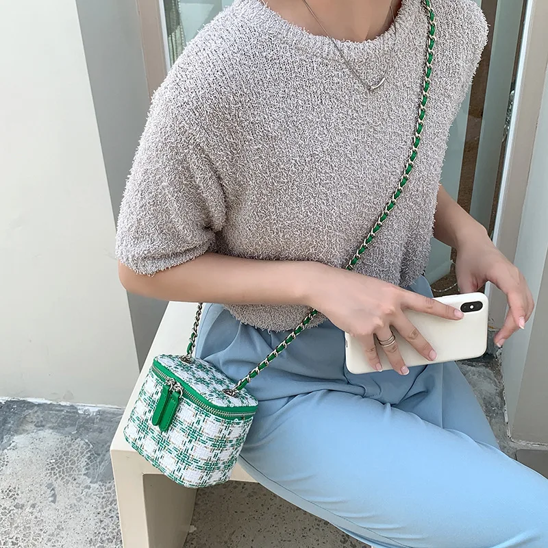 Fashion Plaid Woolen Fabric Handbag Women\'s Designer Chain Bag High Grade Foreign Style Crossbody Bag Popular Small Square Bag