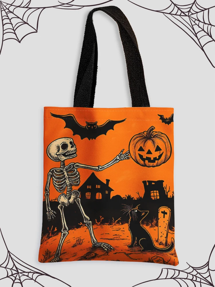 Halloween Skeleton and Pumpkin and Bat Pattern Printed Casual Handbag, Reusable Fashion Shopping Bag