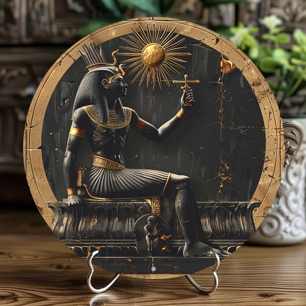 Round Aluminum Flat Sign, Egyptian Pharaoh Figure Themed, Perfect for Office Room, Home Door Decor, Abstract Designed, 2D