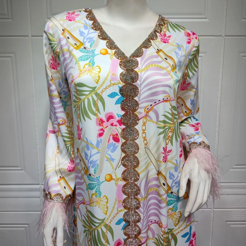 Islam Abaya Dress Fashion Print Hot Diamond Abayas for Women Ostrich Hair Patchwork Loose Women's Dress for Middle East Dubai