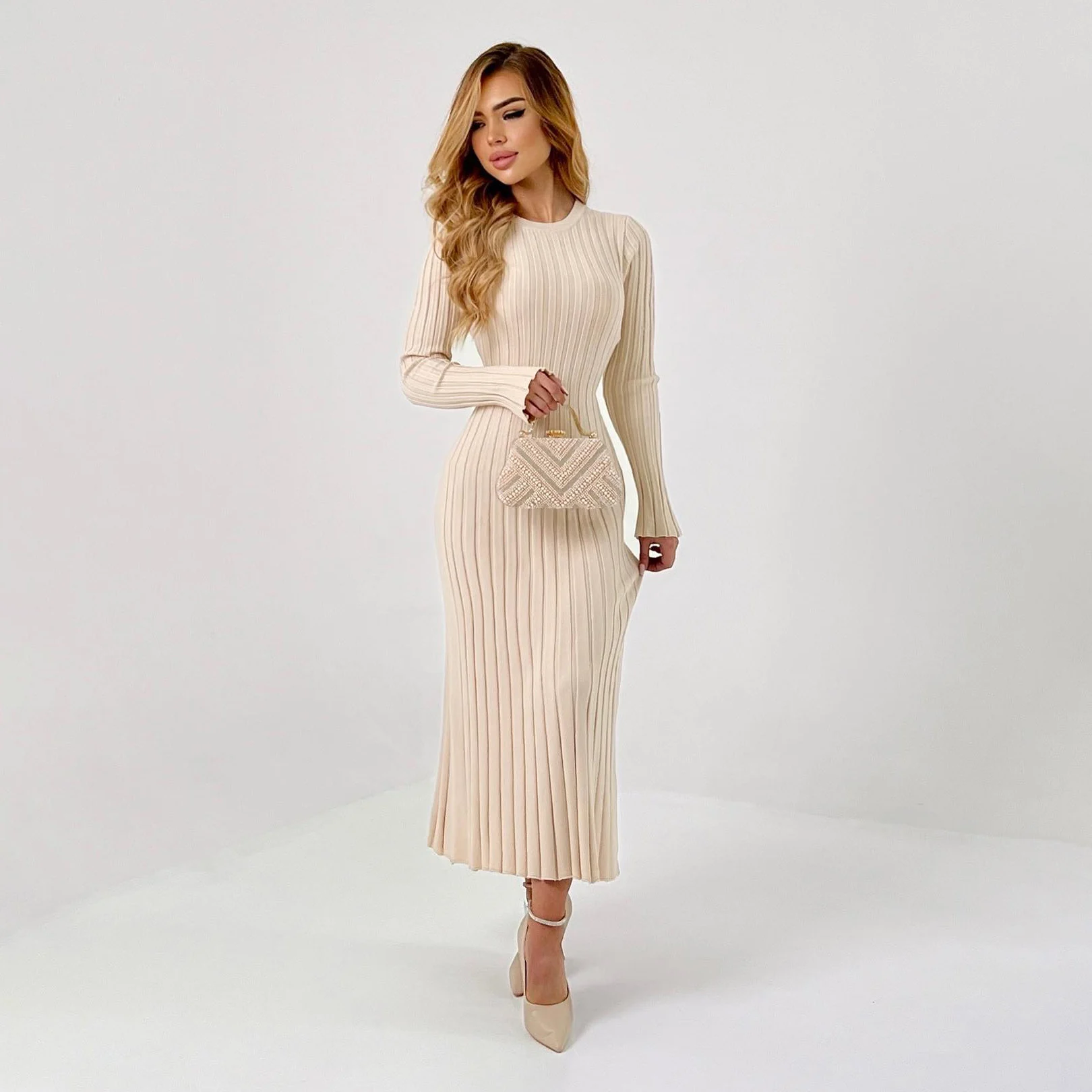 

OEING O-Neck Luxury Formal Evening Dress Sexy Pleat Sheath Long Sleeves فساتين سهرة Ankle Length Elegant Prom Gowns Party Women