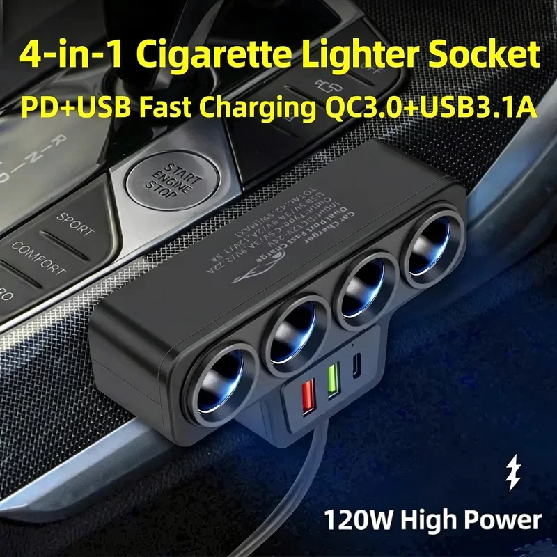 Nuovo caricabatterie per auto, convertitore multifunzione da accendisigari a quattro porte con ricarica rapida, doppia USB + PD universale