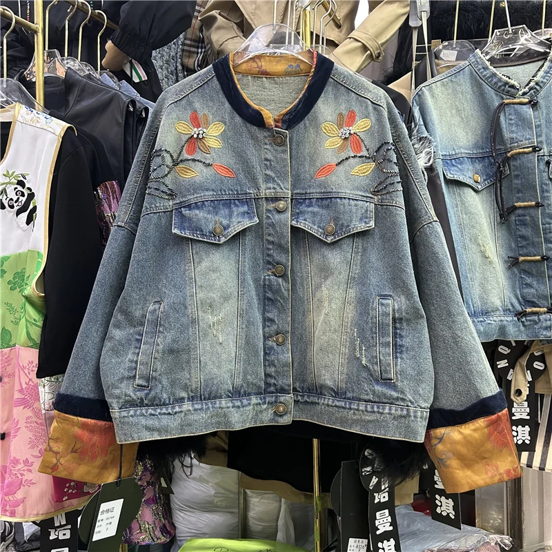 

Vintage Flower Embroidery Patchwork Contrast Color Cuffs Blue Denim Coat Spring Women Casual Round Neck Long Sleeve Jeans Jacket