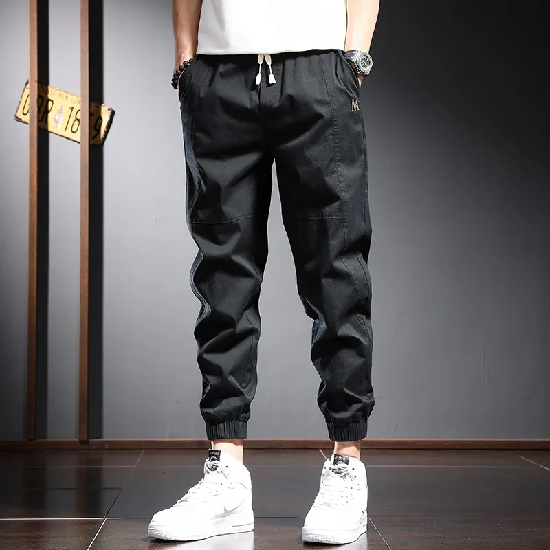 Ankle-Length Pants Men Summer Cotton Baggy Trousers Streetwear Casual Black Elastic Waist Drawstring Sport Joggers