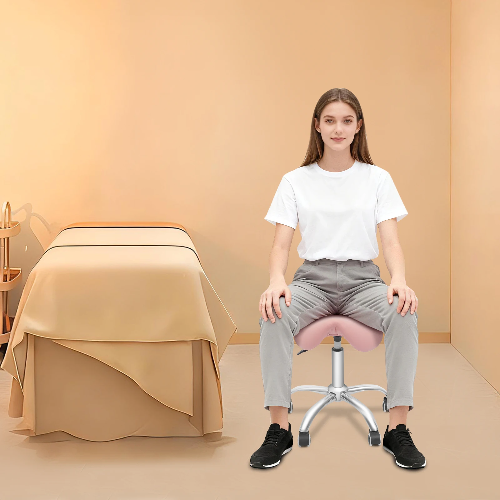 Höhenverstellbarer rollender Salonhocker, Sattelhocker mit Rollen, 130 kg belastbar, für Friseursalons, Schönheitssalons, Werkstätten usw. – Detail 3