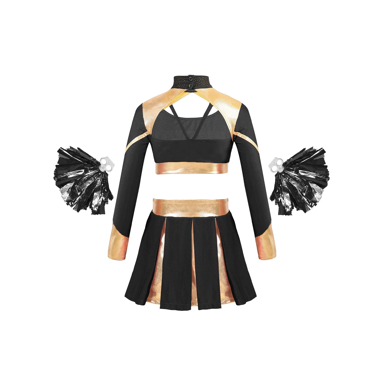 Kid Girls Dance Cheerleading Outfit Cheer Modern Dance Set Long Sleeve Rhinestones Crop Top with Pleated Skirt 2Pcs Flower Balls