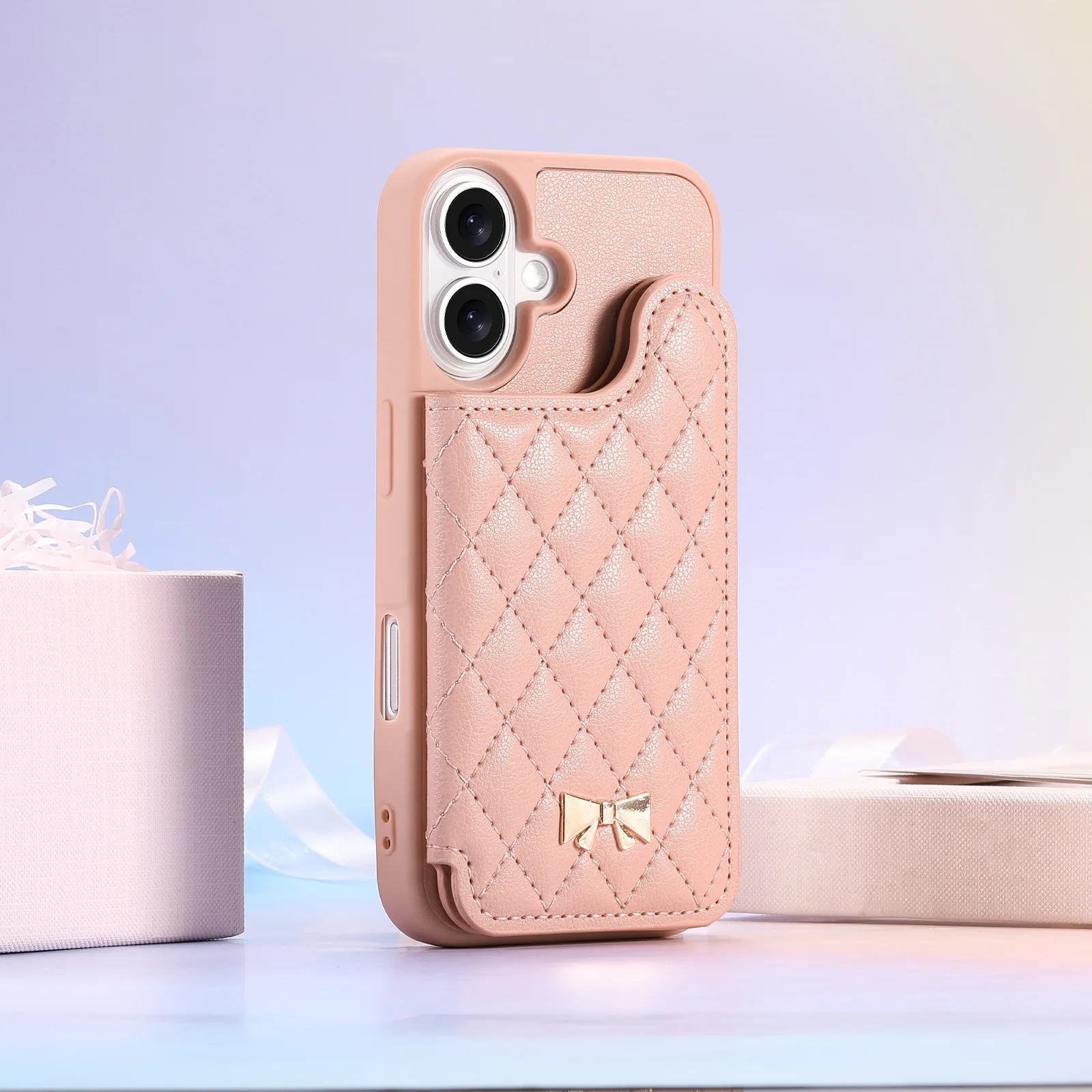 Grid Pattern Leather Phone Case with Built-in Mirror and Card Pocket Wallet Cover
