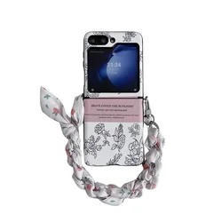 Fashion Flower Leather Scarf Bracelet Phone Case - Full Coverage with 2 - in - 1 Design - Galaxy Z Flip8 (Pink white)
