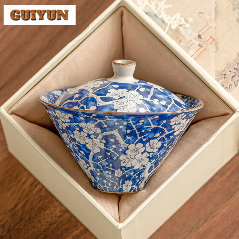 150ml Blue Ice Plum Blossom Gaiwan Retro Ru Kiln Bamboo Hat Sancai Tea Tureen Tea Making Cover Bowl Drinkware Supplies Craft