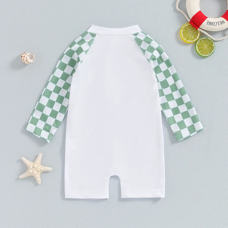 긴 소매 라운드 넥 지퍼 래쉬 가드 수영복, 바둑판 세트, 6M-4T 소년 수영복