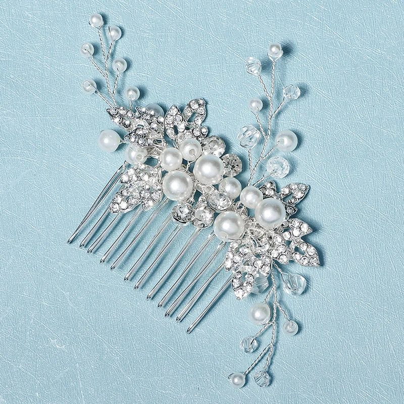 Bridal Hair Accessories Pearl Hair Combs Clips Rhinestone Silver Color Bride Headpiece