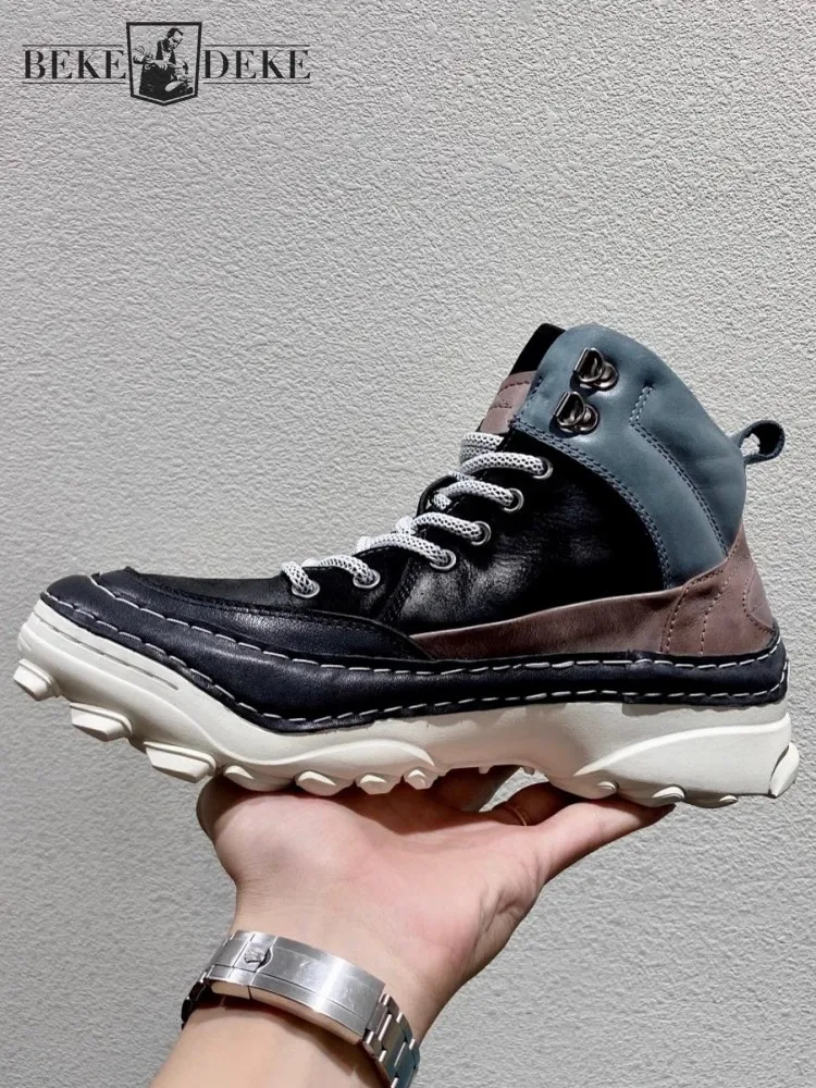 

New Spring Mens Casual High Top Sneakers Lace Up Genuine Leather Boots Mixed Colors Design Platform Cargo Shoes Male Short Boots