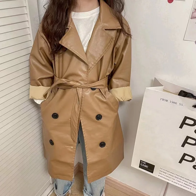 Baby Girl Boy PU Leather Trench Jacket Toddler Teens Leather Coat Waist Belt Spring Autumn Outwear Baby Clothes 2-16Y