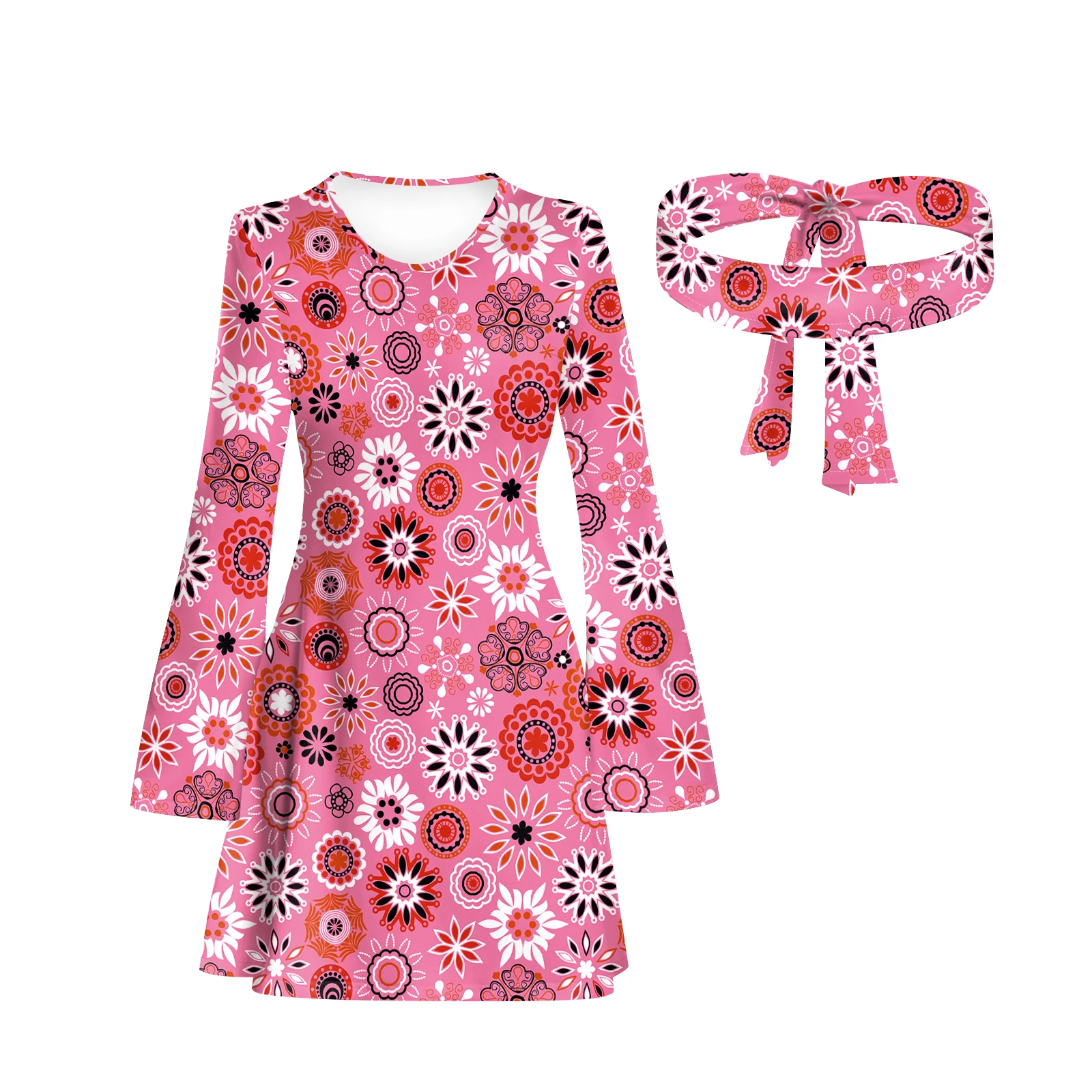 [You're My Secret] Women 60s 70s Go Go Retro Hippie Boho Floral Disco Dress Halloween Party Fancy Dress Up Costume