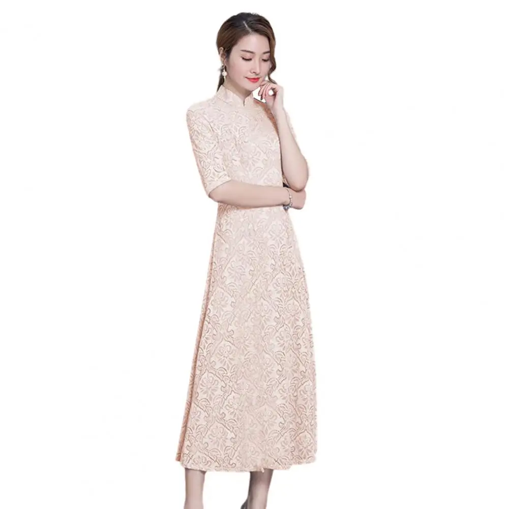 

Women Dress Stand Collar Chinese Half Sleeves A-line Qipao Big Hem Printed Mid-calf Length Mother Dress Evening party