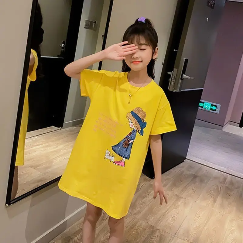 

Summer Party Dress for Kids Girl Fashion 2023 Child Printing Princess Lace Sleeves Slim T-shirt Dress 2 To 12 Years Old