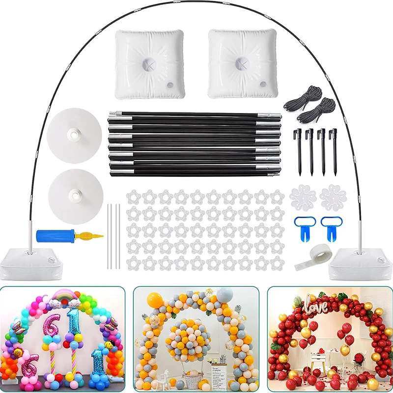 9Ft Tall 10Ft Wide Adjustable Plastic Balloon Column Stands Set with Water Fillable Bases and Water Bag 50 Balloon Clips