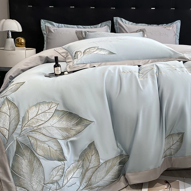 

Egyptian Cotton Bedding Sets Luxury Leaf Embroidery Solid Color Quilt Cover Bed Sheet Pillowcases Mattress Covers Home Textile