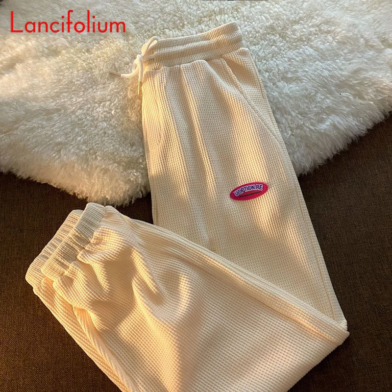 

Fall Sweatpants Streetwear Harem Hiphop High Waist Drawstring Wide Leg Waffle Collage Pink Harajuku Baggy Sweat Pants Women 2023