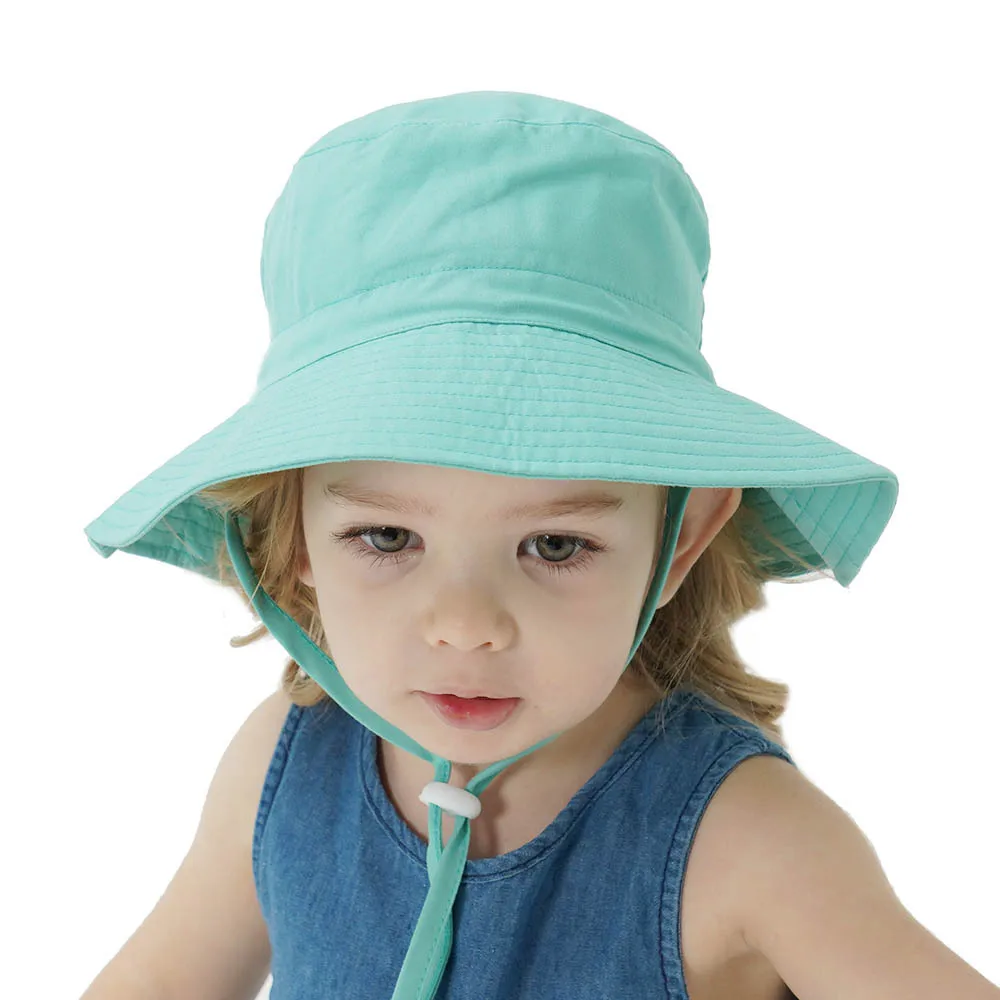 Adjustable Soft Cotton Sun Hat for Kids Boys Girls, Breathable Outdoor Beach Bucket Hat with Windproof Rope, Baby Children Cap