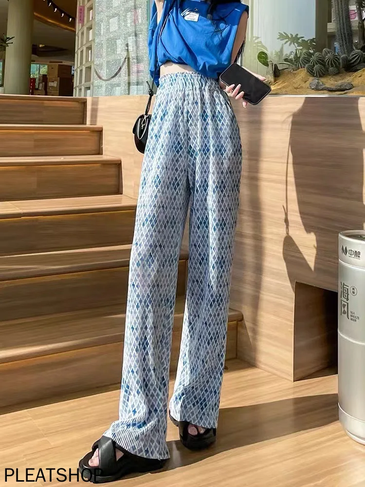 

Women's Floral Fold Ice Silk Wide Leg Pants, Summer Thin Section, High Waist Drape, Straight Loose Casual Mopping Trousers