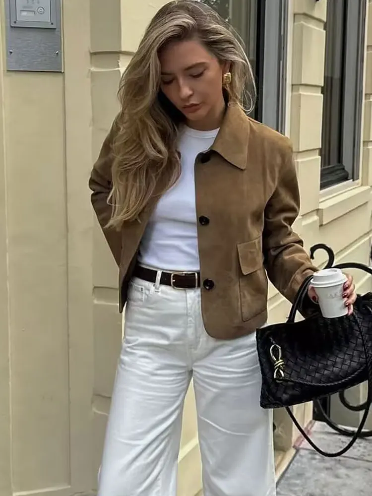 HH Women Vintage Solid Suede Coat Turn Down Collar Long Sleeve Cropped Jacket 2025 Autumn Casual Office Lady Outerwear