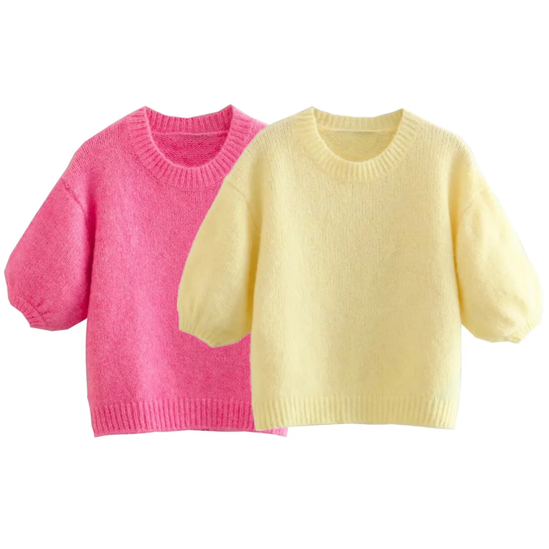 

Jenny&Dave 2023 Fashion Colorful O-neck Puff Sleeve Short Knitwear Autumn Sweaters Women Tops